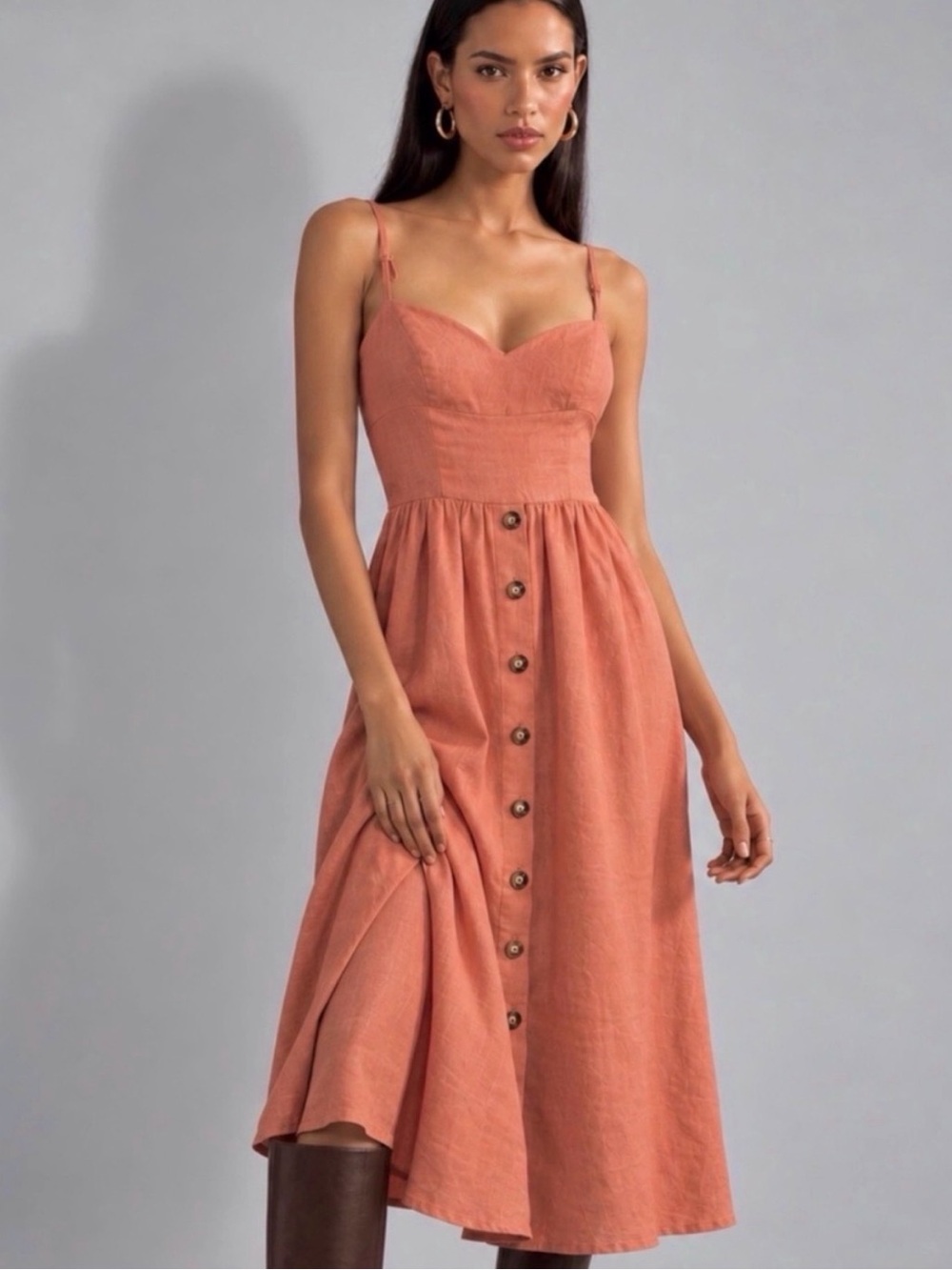Reformation Cale Linen Terracotta Corset Sweetheart Midi Dress Size 2